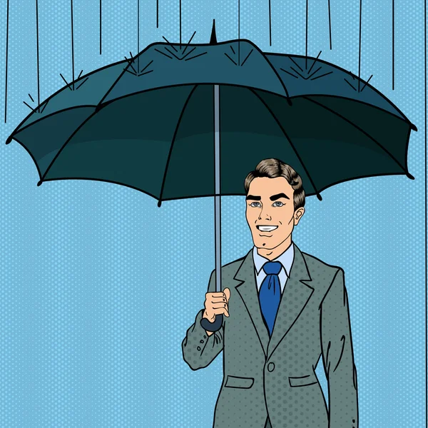 Pop Art glücklicher Geschäftsmann im Regen mit Regenschirm. Vektor-Retro-Illustration — Stockvektor