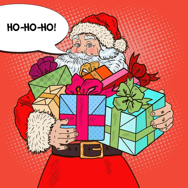 Pop-Art-Weihnachtsmann mit Weihnachtsgeschenken und komischer Sprechblase. Vektorillustration — Stockvektor