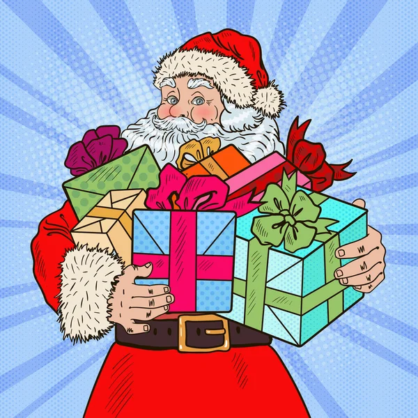 Pop Art Santa Claus con regalos de Navidad. Ilustración vectorial — Vector de stock