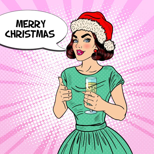 Pop Art Belle femme à Santa Hat avec verre de champagne la veille de Noël. Illustration vectorielle — Image vectorielle