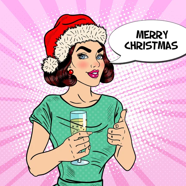 Pop Art Belle femme à Santa Hat avec verre de champagne la veille de Noël. Illustration vectorielle — Image vectorielle