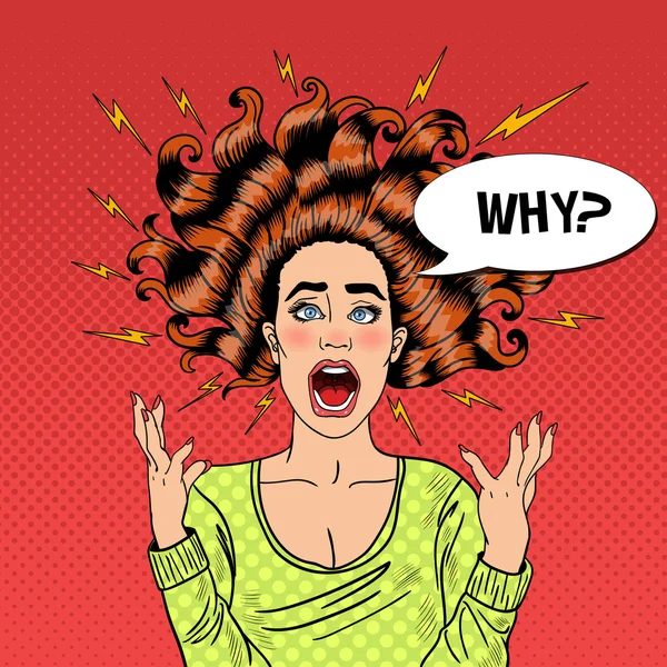 Pop Art aggressiv wütend schreiende Frau mit fliegendem Haar und Blitz. Vektorillustration — Stockvektor
