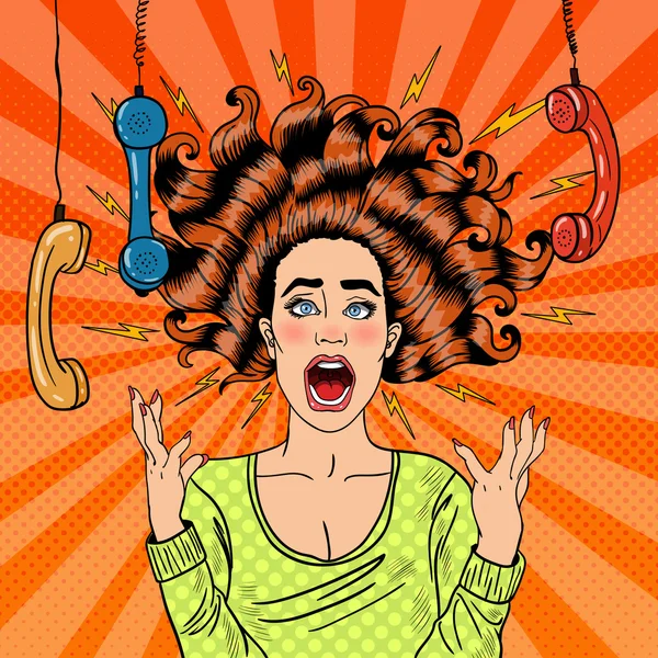 Pop Art agressieve woedend schreeuwende vrouw met Handset. Vectorillustratie — Stockvector