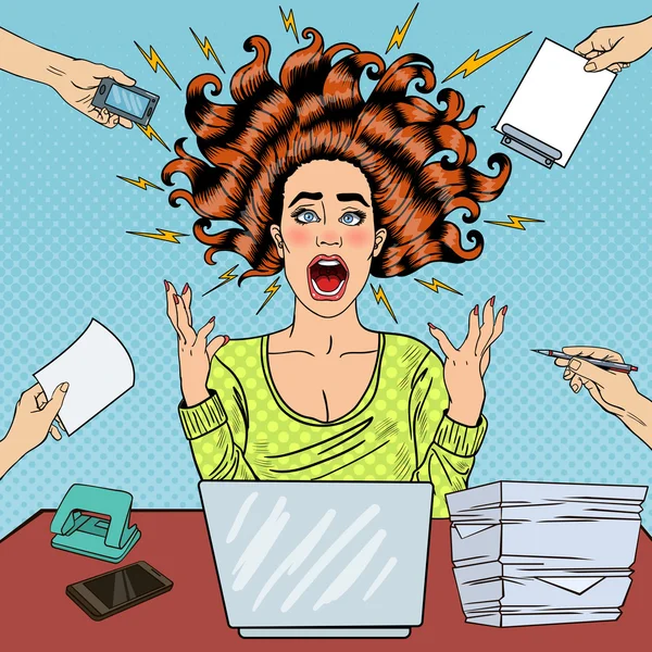 Pop Art Aggressive Furious Screaming Woman with Laptop at Office Work. Vector illustration — Stock Vector