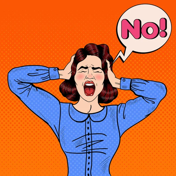 Pop Art Angry Frustrated Woman Screaming and Holding Head with Comic Speech Bubble No. Illustration vectorielle — Image vectorielle