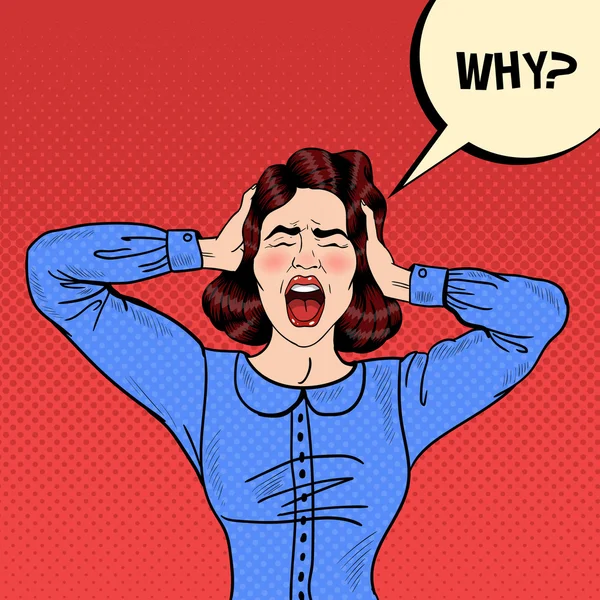 Pop Art Angry Frustrated Woman Screaming and Holding Head with Comic Speech Bubble Pourquoi. Illustration vectorielle — Image vectorielle