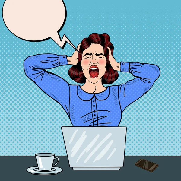 Pop Art Angry Frustrated Woman Screaming at Office Work. Illustration vectorielle — Image vectorielle