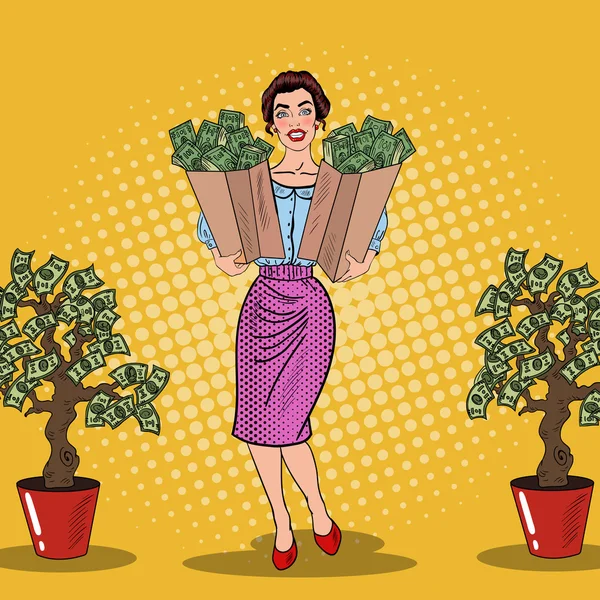 Pop Art Mujer rica feliz sosteniendo bolsas con dinero del árbol del dinero. Ilustración vectorial — Vector de stock