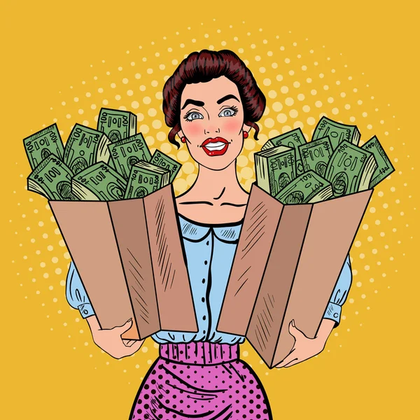 Pop Art Mujer rica feliz sosteniendo bolsas con dinero. Ilustración vectorial — Archivo Imágenes Vectoriales