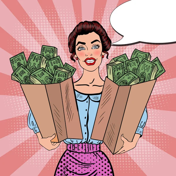 Pop Art ευτυχισμένη πλούσια γυναίκα, κρατώντας τσάντες με χρήματα και φούσκα ομιλία του κόμικ. Εικονογράφηση διάνυσμα — Διανυσματικό Αρχείο