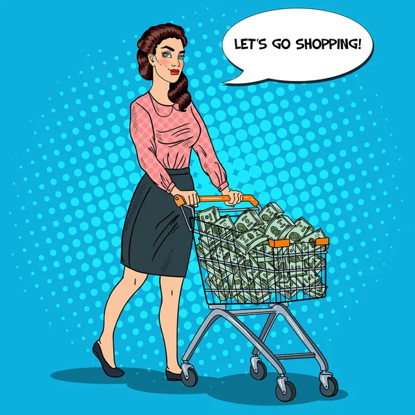 Pop Art Happy Rich Woman with Shopping Cart Full of Money. Vector illustration — Stock Vector