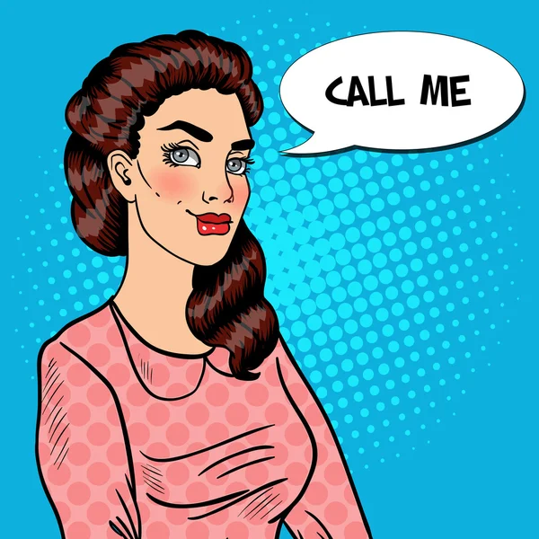 Pop Art Smiling Pretty Woman with Comic Speech Bubble Call Me. Vector illustration — Stock Vector