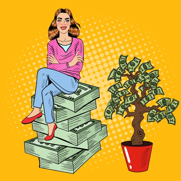 Pop Art Giovane donna ricca seduta su una pila di soldi vicino Money Tree. Illustrazione vettoriale — Vettoriale Stock