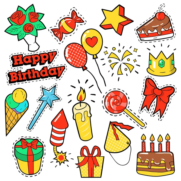 Fashion Badges, Patches, Stickers Birthday Theme. Happy Birthday Party Elements in Comic Style with Cake, Balloons and Gifts. Vector illustration Stock Vector