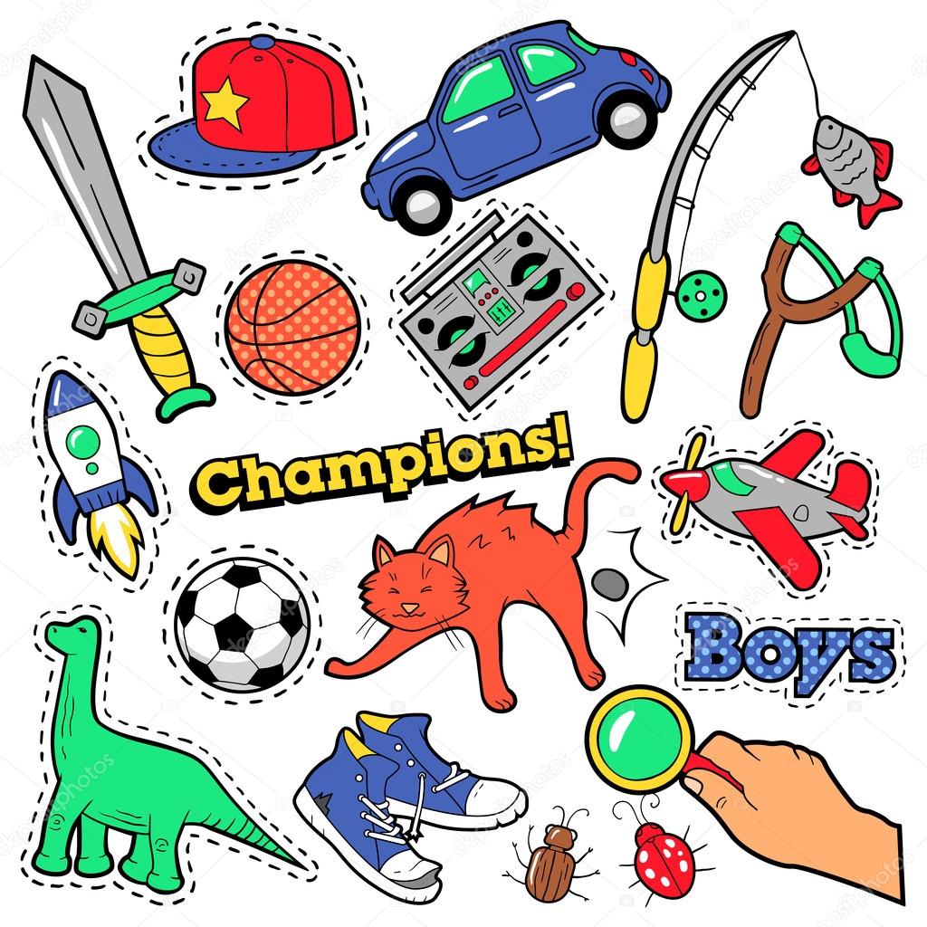 Fashion Badges, Patches, Stickers Boys Theme. Toys, Sports, Car and Music Recorder in Comic Style. Vector illustration