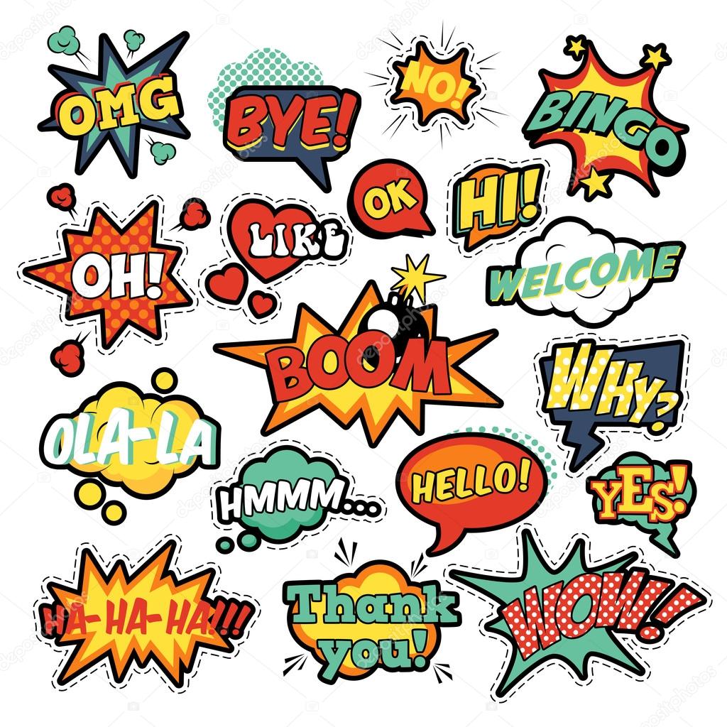 Fashion Badges, Patches, Stickers in Pop Art Comic Speech Bubbles Set with Halftone Dotted Cool Shapes with Expressions Wow, Bingo, Like. Vector Retro Background