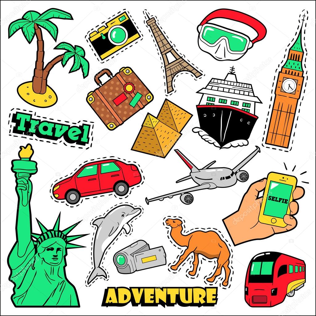 Fashion Travel Badges, Patches, Stickers. Architecture, Adventure, World Cruise in Comic Style. Vector illustration