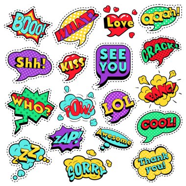 Rozetleri, yamalar, çıkartmalar Pop Art komik konuşma balonları küme ifadeleri serin Bang Zap Lol ile serin şekilleri noktalı yarım ton ile moda. Vektör Retro arka plan