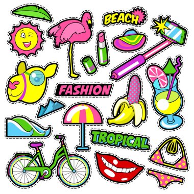 Fashion Girls Badges, Patches, Stickers - Bicycle Banana Flamingo Lipstick in Comic Style. Vector doodle clipart