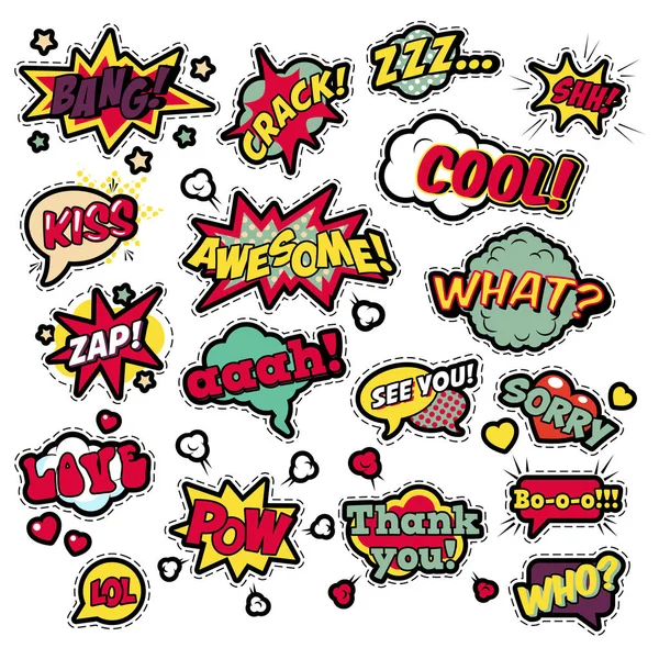 Emblemas de moda, remendos, adesivos em Pop Art Comic Speech Bubbles Set com meio-tom pontilhado Formas legais com expressões Cool Bang Zap Lol. Vector Retro fundo — Vetor de Stock