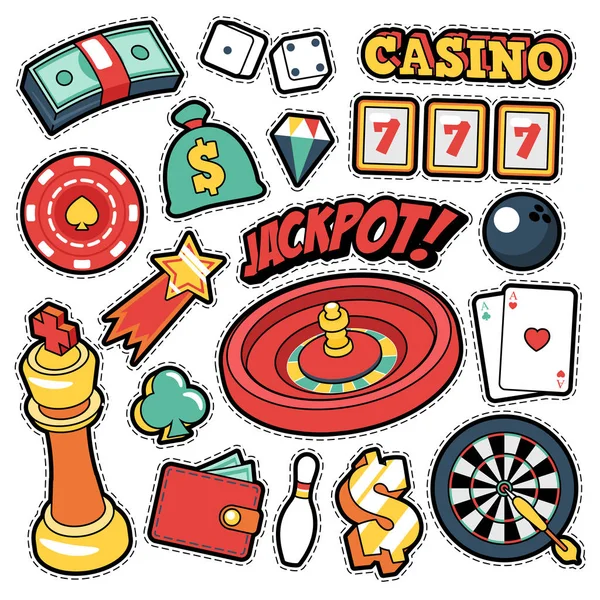 Kumar casino rozetleri, yamalar, etiketleri - ikramiye para kartları komik tarzı rulet. Vektör Doodle — Stok Vektör