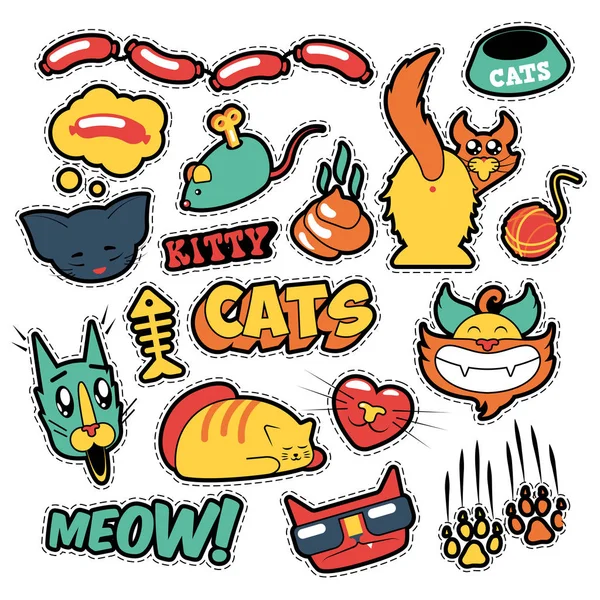 Komik Kediler rozetleri, yamalar, etiketleri - kedi balık çizgi roman tarzında debriyaj yapar. Vektör doodle — Stok Vektör