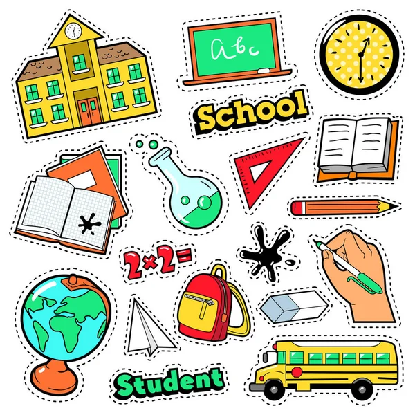 Mode Badges, Patches, Stickers op komische stijl onderwijs School thema met boeken, Globe en rugzak. Vector Retro achtergrond — Stockvector