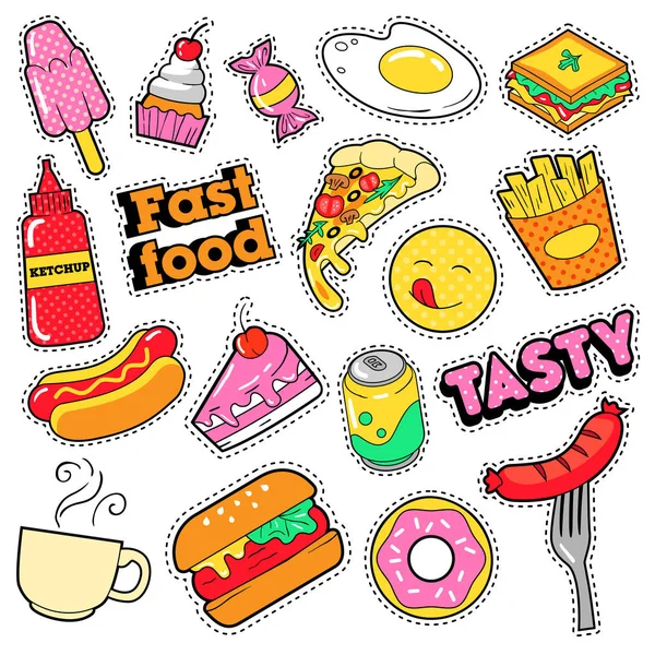 Insignias de comida rápida, parches, pegatinas - Burger Fries Hot Dog Pizza Donut Junk Food in Comic Style. Vector Doodle — Archivo Imágenes Vectoriales