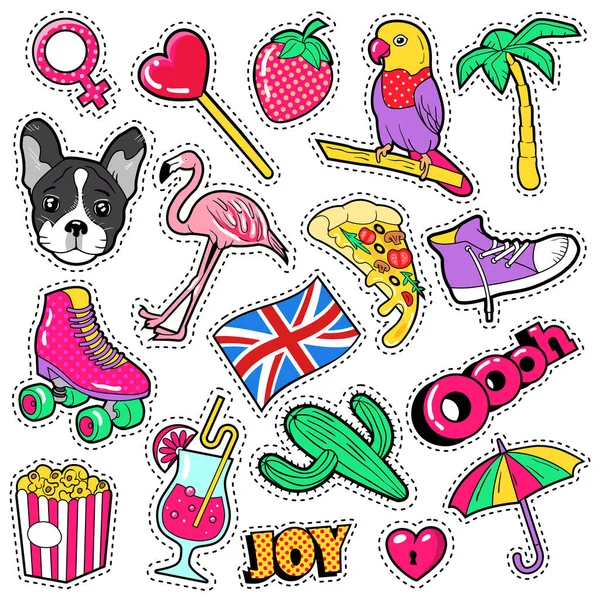 Badge, patch, adesivi per ragazze di moda - Flamingo Bird, Pizza Parrot e Cuore in stile fumetto. Illustrazione vettoriale — Vettoriale Stock