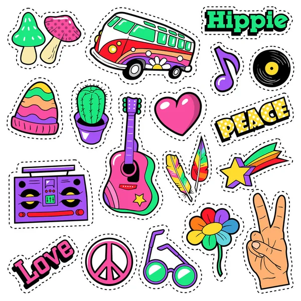 Moda hippi rozetleri, yamalar, etiketleri - Van mantar gitar ve tüy Pop Art Comic stilinde. Vektör çizim