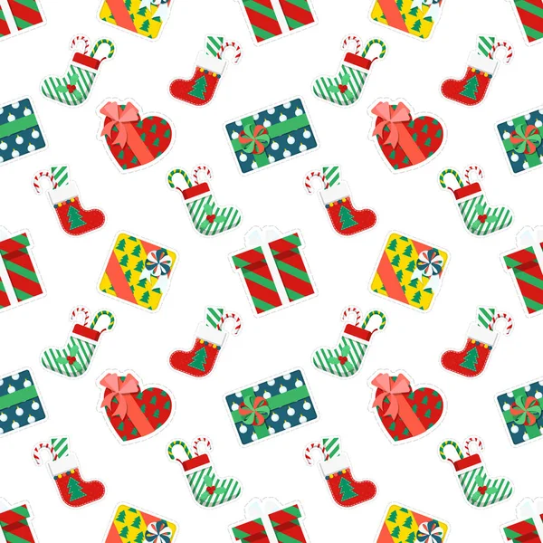 Vrolijke Kerstmis en gelukkig Nieuwjaar naadloze patroon met geschenken. Wintervakantie inpakpapier. Vector achtergrond — Stockvector