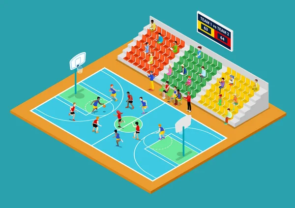 Patio de juego de baloncesto isométrico con jugadores y aficionados. Vector 3d ilustración plana — Vector de stock