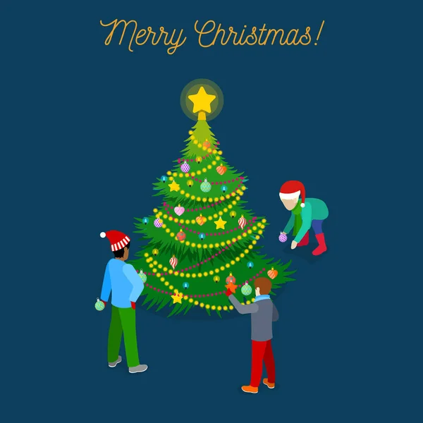 Merry Christmas isometrische wenskaart met kerstboom en kinderen. 3d platte illustratie vector — Stockvector