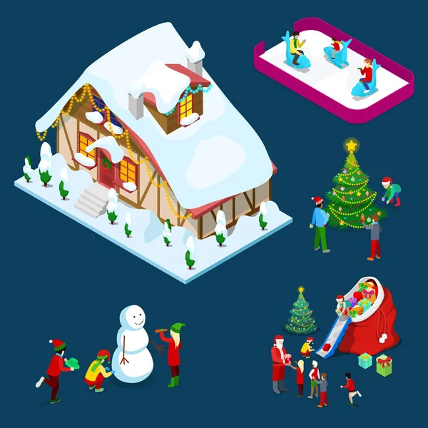Ισομετρική χριστουγεννιάτικο διακοσμημένα σπίτι με το χριστουγεννιάτικο δέντρο, Σάντα, τα παιδιά και χιονάνθρωπος. Διάνυσμα 3d επίπεδη απεικόνιση — Διανυσματικό Αρχείο