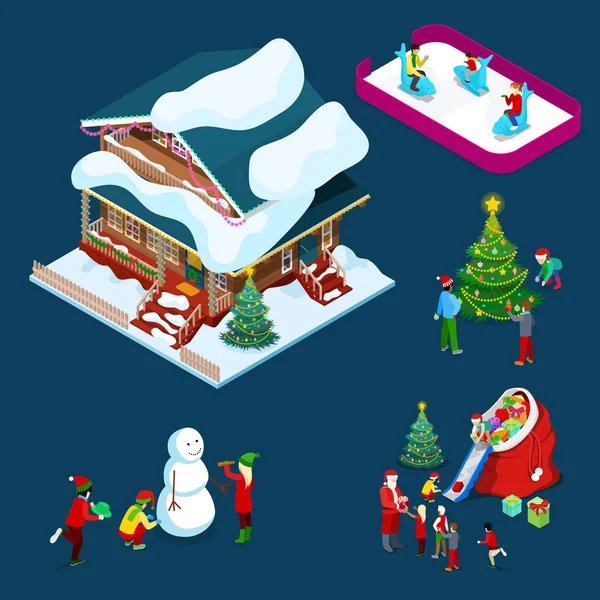 Casa decorata natalizia isometrica con albero di Natale, Babbo Natale, bambini e pupazzo di neve. Illustrazione piatta vettoriale 3d — Vettoriale Stock