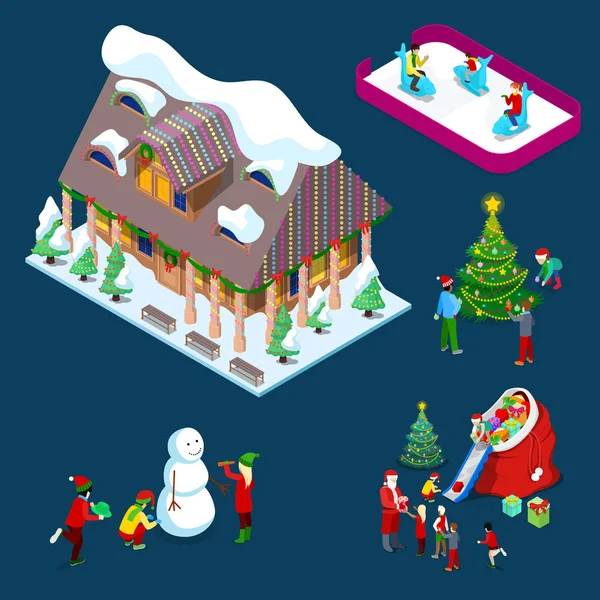 Isometrisch weihnachtlich dekoriertes Haus mit Weihnachtsbaum, Weihnachtsmann, Kindern und Schneemann. Vektor 3D flache Illustration — Stockvektor