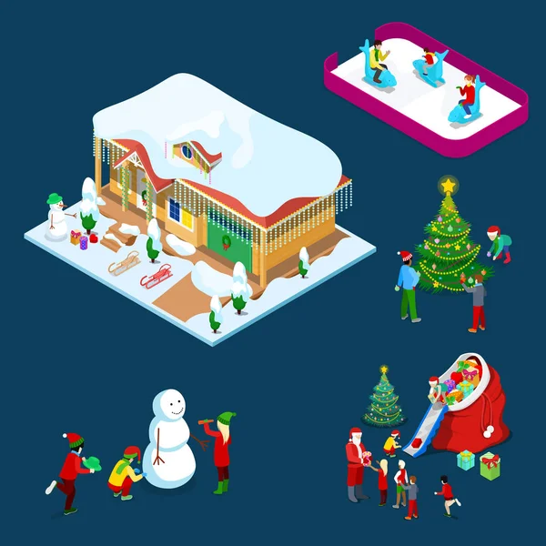 Isometrisch weihnachtlich dekoriertes Haus mit Weihnachtsbaum, Weihnachtsmann, Kindern und Schneemann. Vektor 3D flache Illustration — Stockvektor