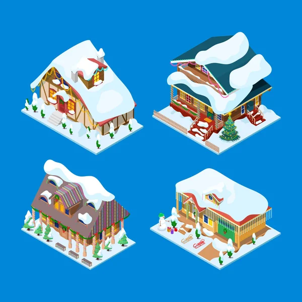 Casas de Natal Isométricas Decoradas com Árvore de Natal e Boneco de Neve. Vector 3d ilustração plana — Vetor de Stock