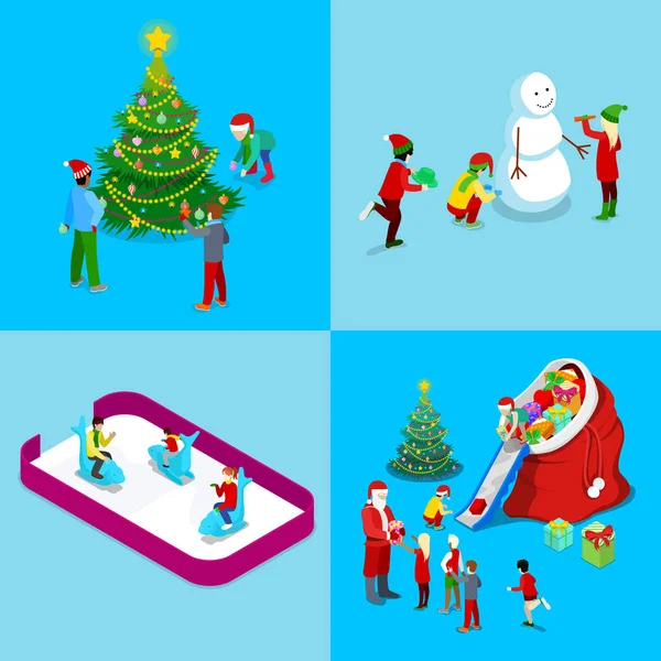 Feliz Navidad Isométrico juego de tarjetas de felicitación. Santa con regalos, árbol de Navidad con niños, pista de hielo. Vector 3d ilustración plana — Vector de stock