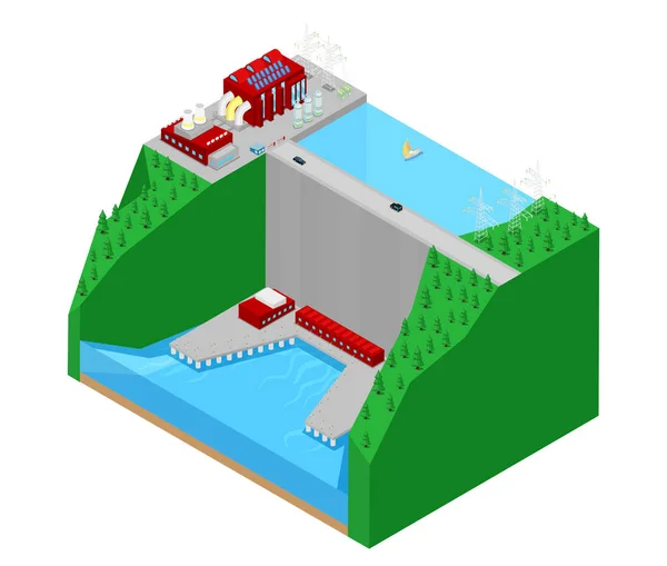 Isometrisches Wasserkraftwerk Fabrik Elektrizitätswerk. Vektor 3D flache Illustration — Stockvektor