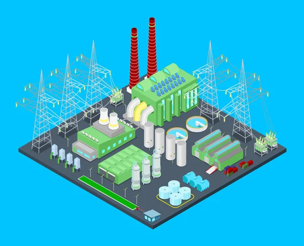 Centrale nucleare isometrica con tubi. Illustrazione piatta vettoriale 3d — Vettoriale Stock