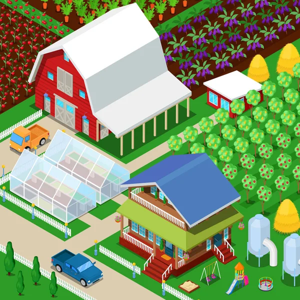 Campo Agrícola Rural Isométrico con Invernadero y Jardín. Vector 3d ilustración plana — Vector de stock