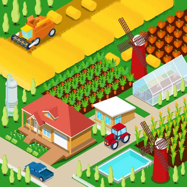Isometrische landelijke boerderij landbouwgebied met broeikasgassen en windmolen. 3d platte illustratie vector — Stockvector
