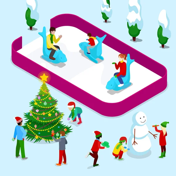 Isometrische Eisbahn mit Menschen und Kindern in der Nähe von Weihnachtsbaum und Schneemann. Vektor 3D flache Illustration — Stockvektor