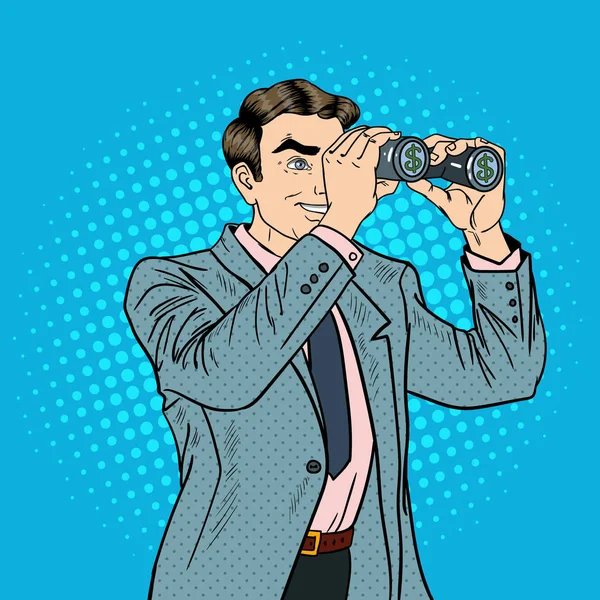 Pop Art Businessman with Binoculars Looking for Money. Vector illustration — Stock Vector