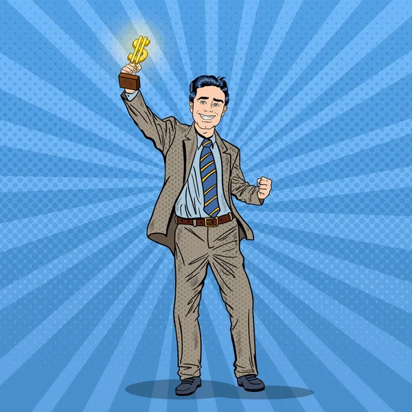 Поп-арт Счастливый бизнесмен, обладающий Золотым Кубком Чемпионов. Успех в бизнесе. Векторная иллюстрация — стоковый вектор