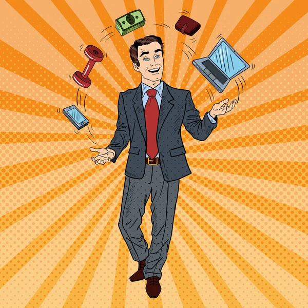 Успешный бизнесмен, жонглирующий компьютером, телефоном и деньгами. Векторная иллюстрация — стоковый вектор
