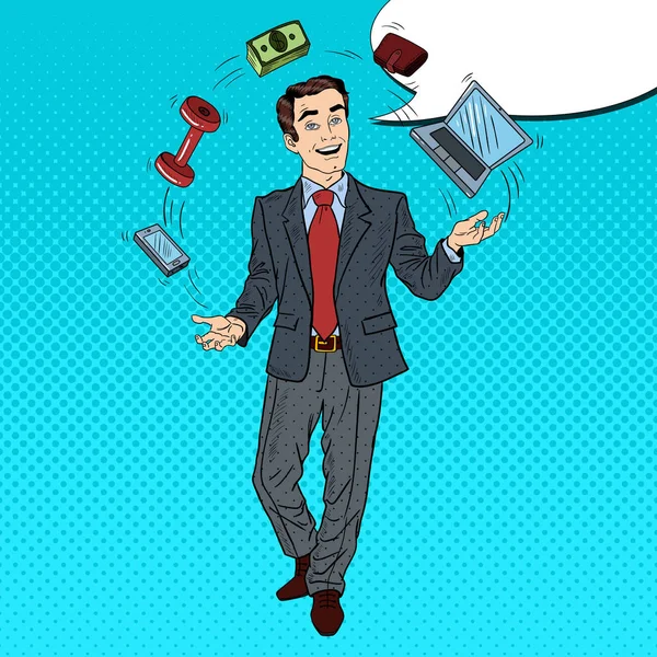 Pop Art Successful Businessman Juggling Computer, Phone and Money. Vector illustration — Stock Vector