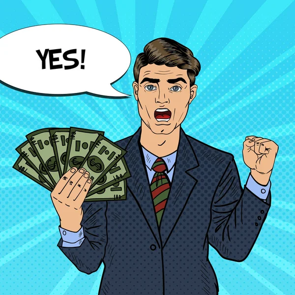 Pop Art Rich Businessman Holding Money Dollar Banknotes with Comic Speech Bubble. Illustration vectorielle rétro — Image vectorielle