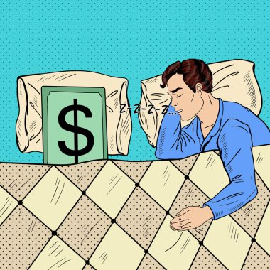 Pop Art adam Doları banknot ile yatakta uyuyor. Vektör çizim